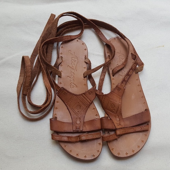 Free People Oliviera Tan Sandals Gladiator Flat Tooled LaceUp Ankle NEW 37 - 7 - Picture 6 of 14